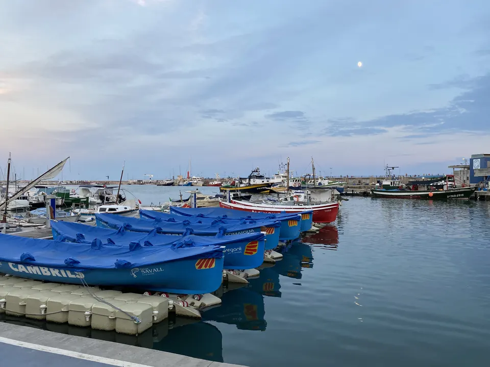 Barques de pesca blaves amarrades al port de Cambrils amb l’aigua en calma a trenc d’alba